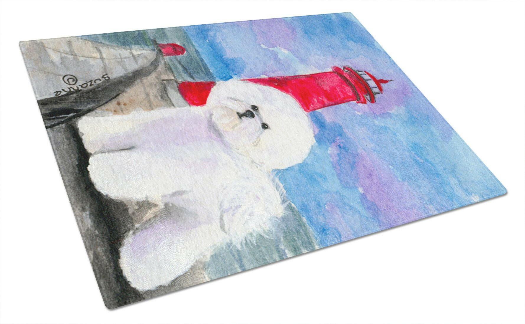 Lighthouse with Bichon Frise Cutting Board Tempered Glass Kitchen Cutting Surface, Heat Resistant Chopping, Non-Slip Feet, Food Prep & Serving