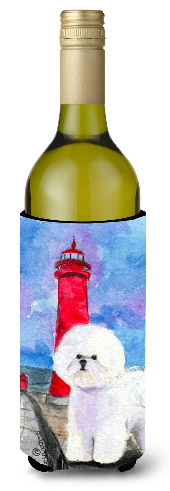 Lighthouse with Bichon Frise Wine Bottle Hugger Gift Sleeve for Standard 750 ml Bottles, Insulated Reusable Also Fits Mini Shot & Pint Bottles