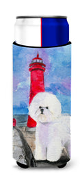 Lighthouse with Bichon Frise Slim Can Hugger , Insulated Foam Hugger for 12 oz Slim Cans, Beer Bottles & Water Bottles, Printed in USA