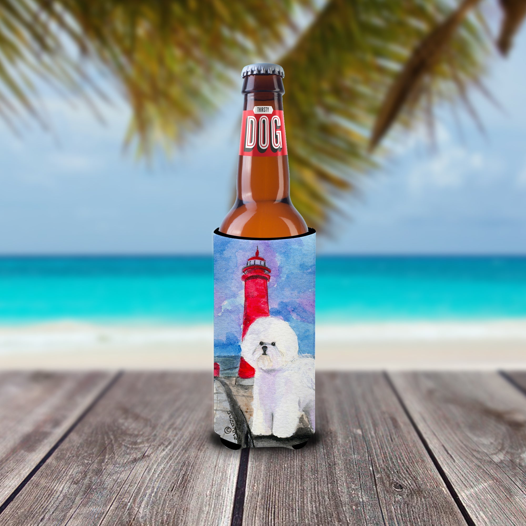 Lighthouse with Bichon Frise Slim Can Hugger , Insulated Foam Hugger for 12 oz Slim Cans, Beer Bottles & Water Bottles, Printed in USA
