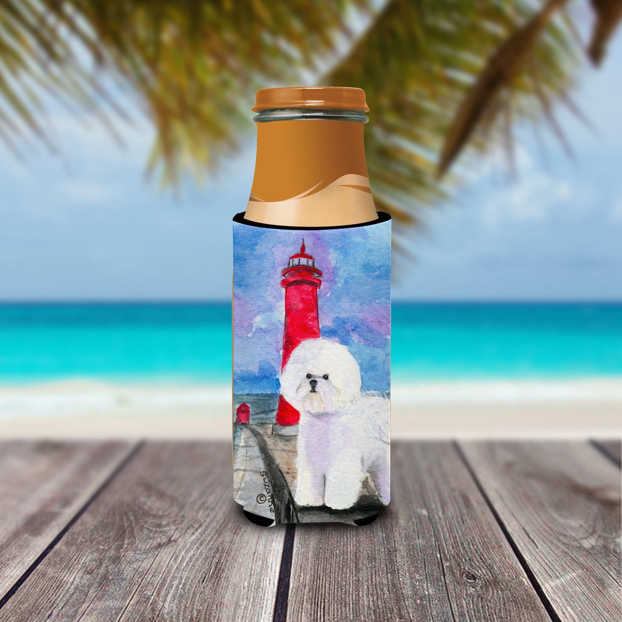 Lighthouse with Bichon Frise Slim Can Hugger , Insulated Foam Hugger for 12 oz Slim Cans, Beer Bottles & Water Bottles, Printed in USA