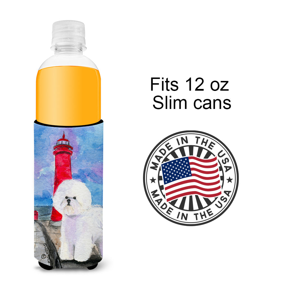 Lighthouse with Bichon Frise Slim Can Hugger , Insulated Foam Hugger for 12 oz Slim Cans, Beer Bottles & Water Bottles, Printed in USA