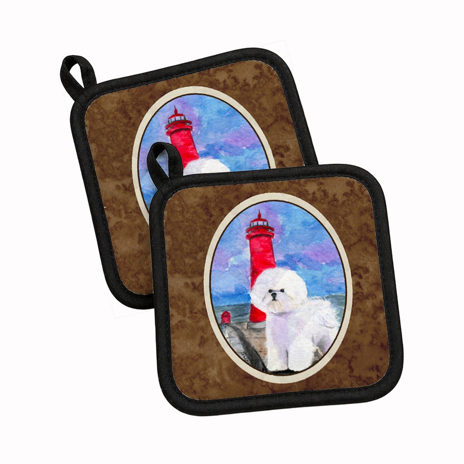 Lighthouse with Bichon Frise Pot Holder Set of 2 Heat Resistant Quilted Hot Pads 7.5 x 7.5 Inch, Insulated Kitchen Trivets for Cooking & Baking