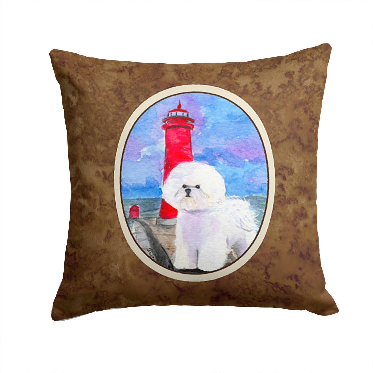 Lighthouse with Bichon Frise Decorative Throw Pillow 14x14 Indoor Outdoor Accent Cushion, Fabric Cover with Insert for Sofa, Bed, Porch & Living Room