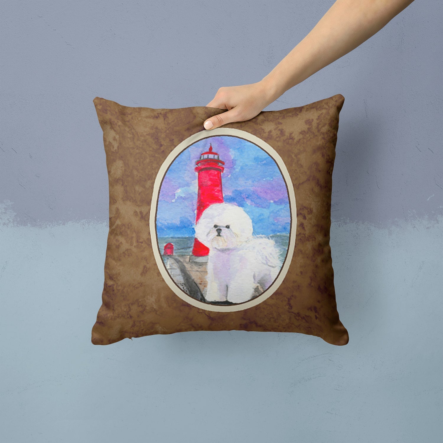 Lighthouse with Bichon Frise Decorative Throw Pillow 14x14 Indoor Outdoor Accent Cushion, Fabric Cover with Insert for Sofa, Bed, Porch & Living Room