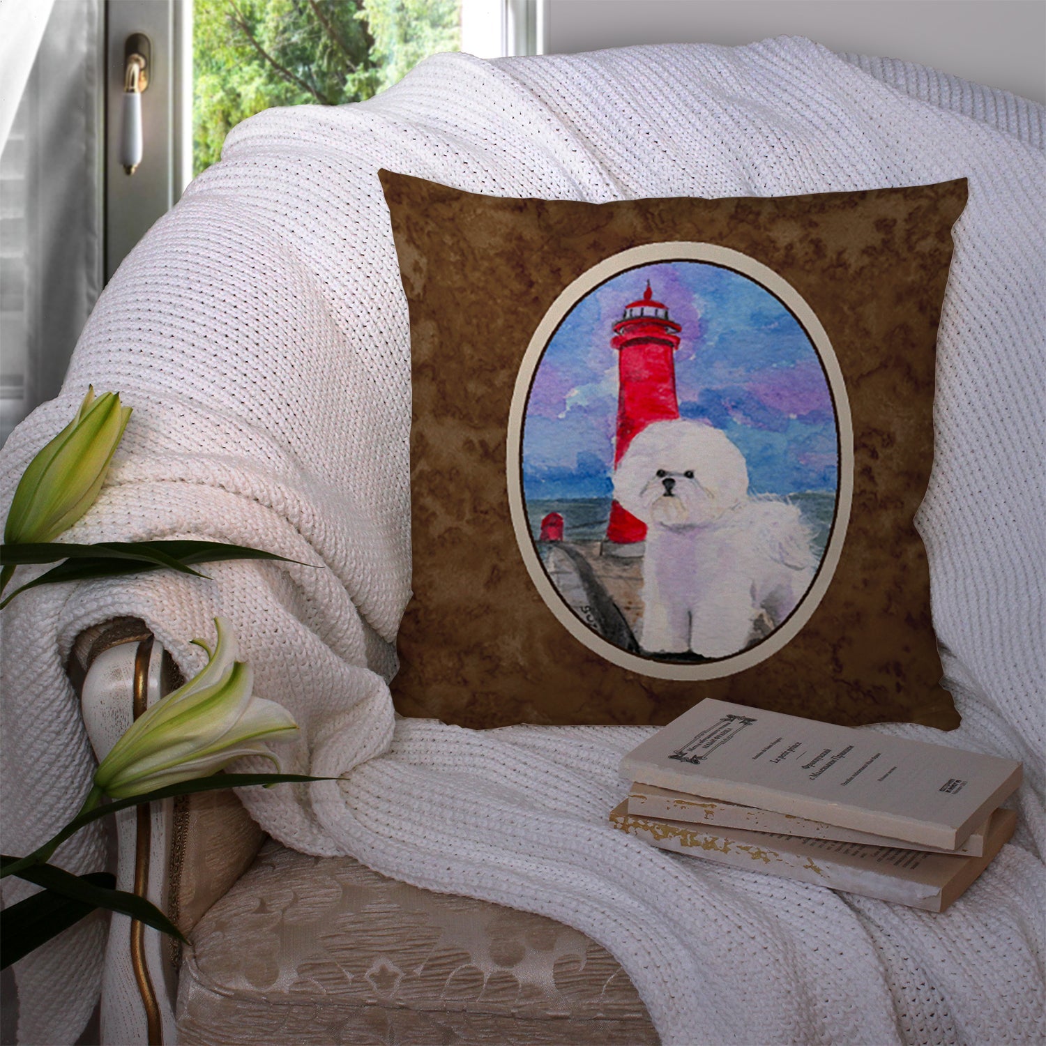 Lighthouse with Bichon Frise Decorative Throw Pillow 14x14 Indoor Outdoor Accent Cushion, Fabric Cover with Insert for Sofa, Bed, Porch & Living Room