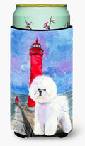 Lighthouse with Bichon Frise Tall Boy Hugger Can Cooler Sleeve Machine Washable Drink Collapsible Insulator Beverage Insulated Holder