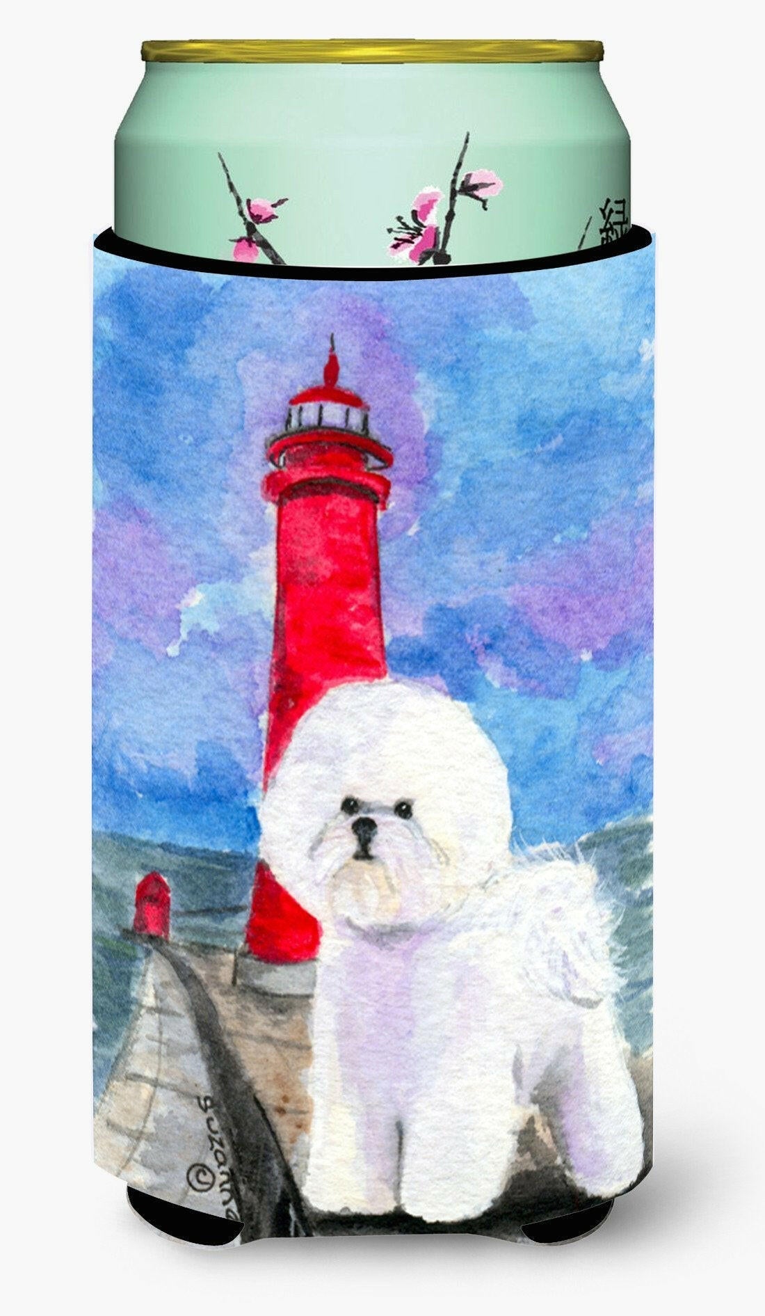 Lighthouse with Bichon Frise Tall Boy Hugger Can Cooler Sleeve Machine Washable Drink Collapsible Insulator Beverage Insulated Holder