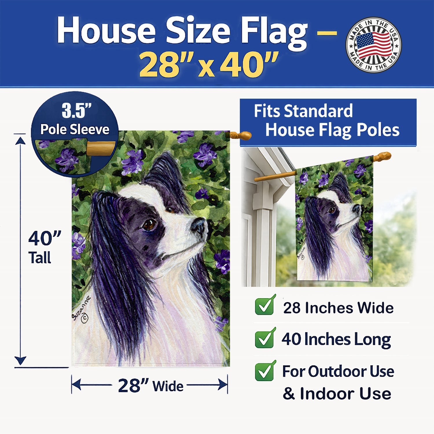 Papillon House Flag 28x40 Porch Sleeve Pole Decorative Outside Yard Banner Artwork Wall Hanging, Polyester