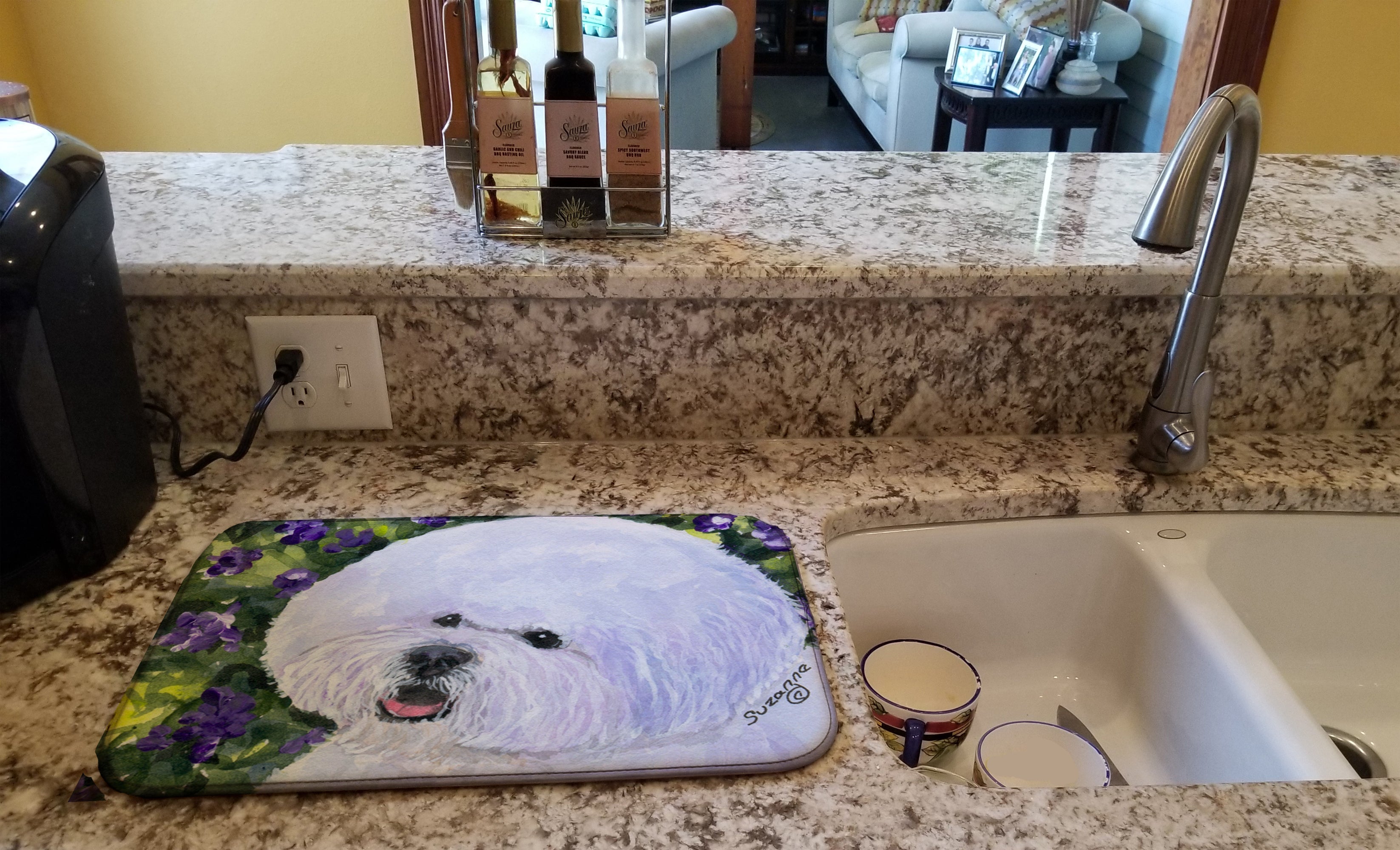 Bichon Frise Dish Drying Mat Absorbent Dish Drying Mat Pad for Kitchen Counter Dish Drainer Mat for Countertop, 14 x 21", Multicolor