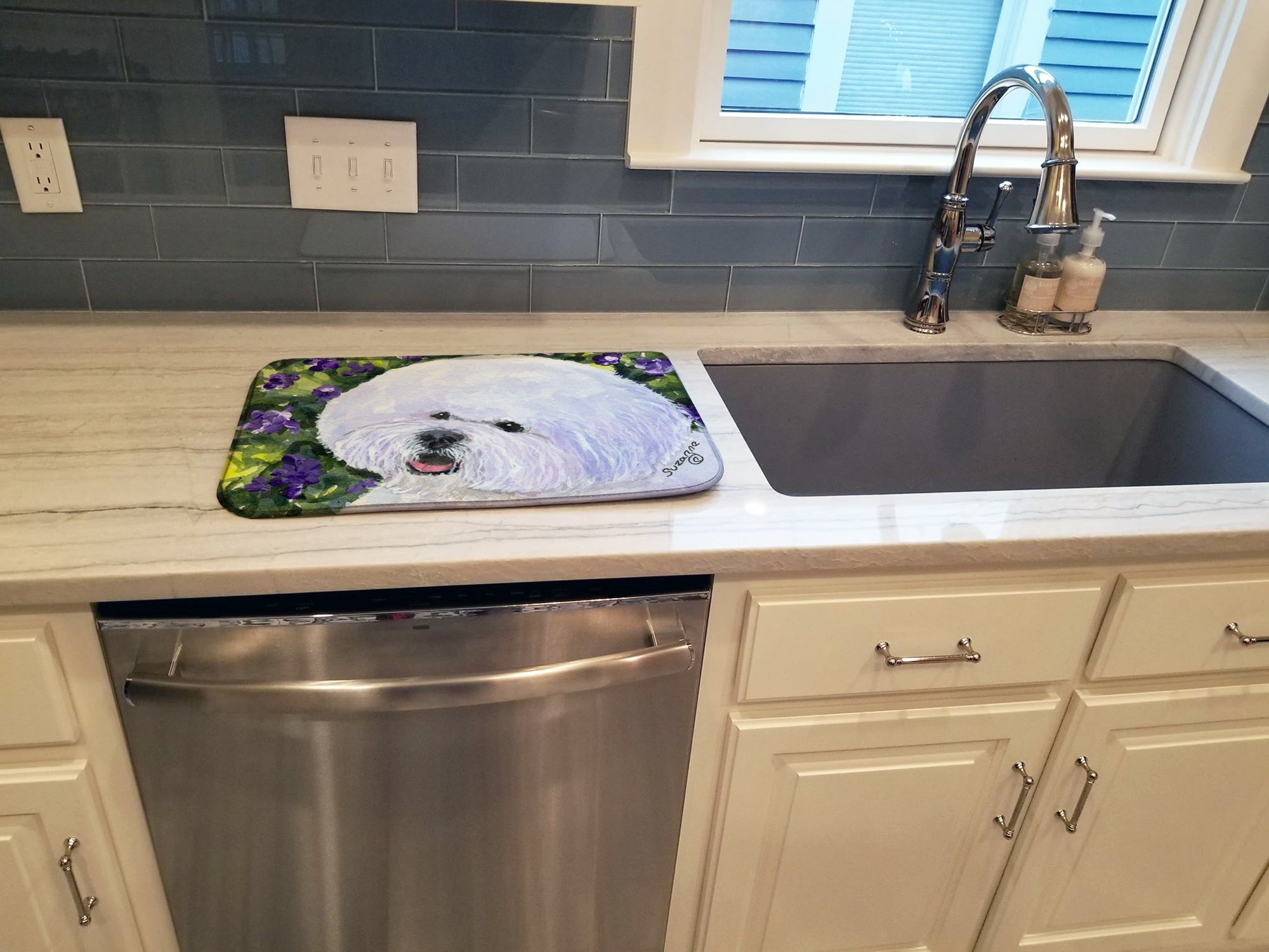 Bichon Frise Dish Drying Mat Absorbent Dish Drying Mat Pad for Kitchen Counter Dish Drainer Mat for Countertop, 14 x 21", Multicolor