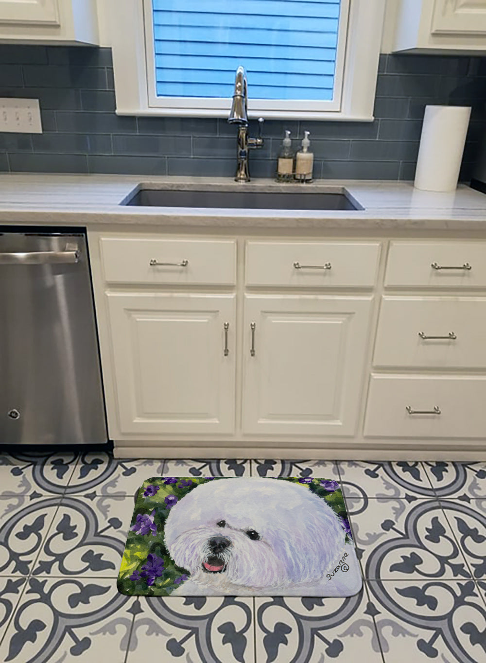 Bichon Frise Memory Foam Kitchen Mat Machine Washable Anti-Fatigue Cushion Comfort Bath or Kitchen Rug