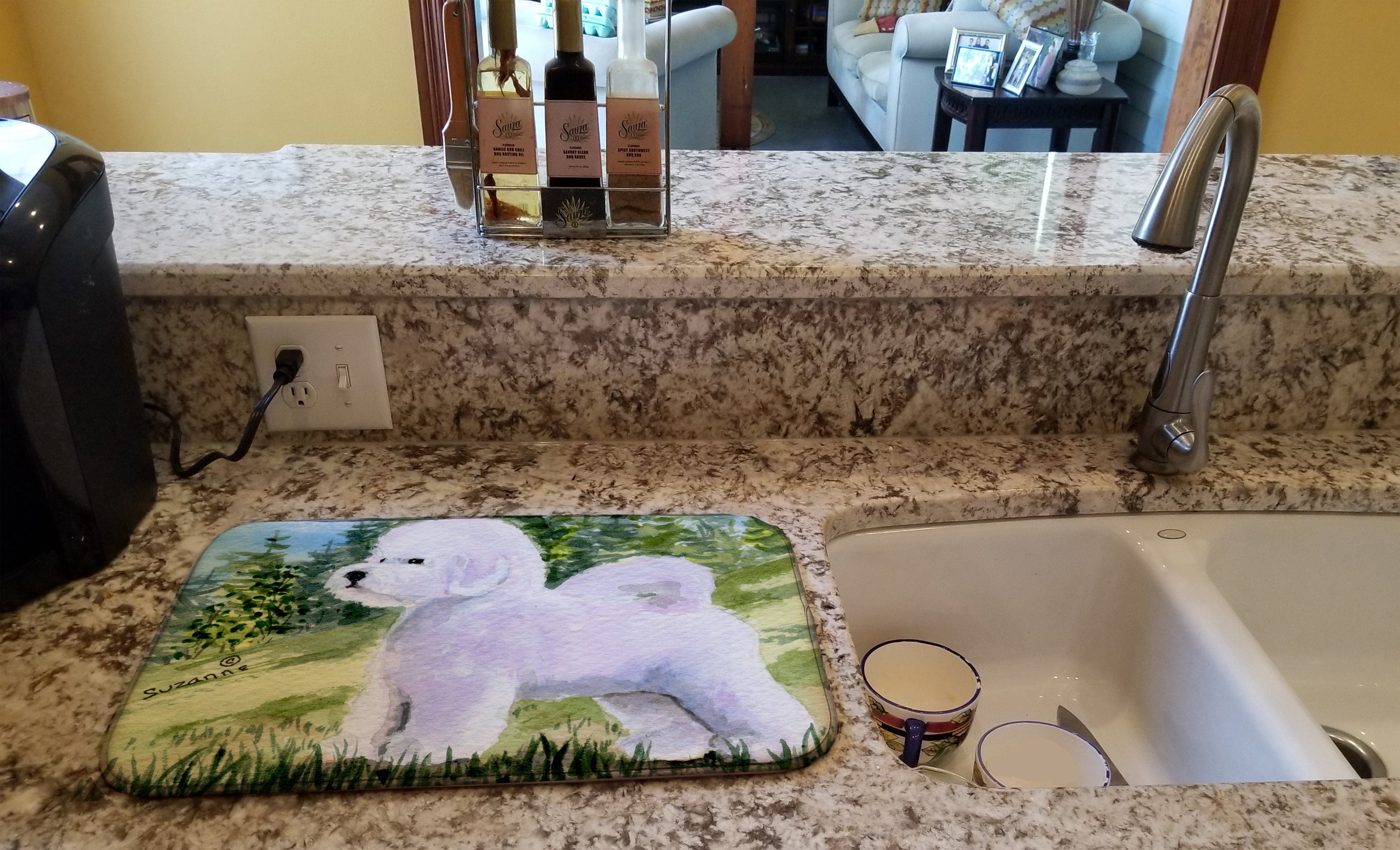 Bichon Frise Dish Drying Mat Absorbent Dish Drying Mat Pad for Kitchen Counter Dish Drainer Mat for Countertop, 14 x 21", Multicolor