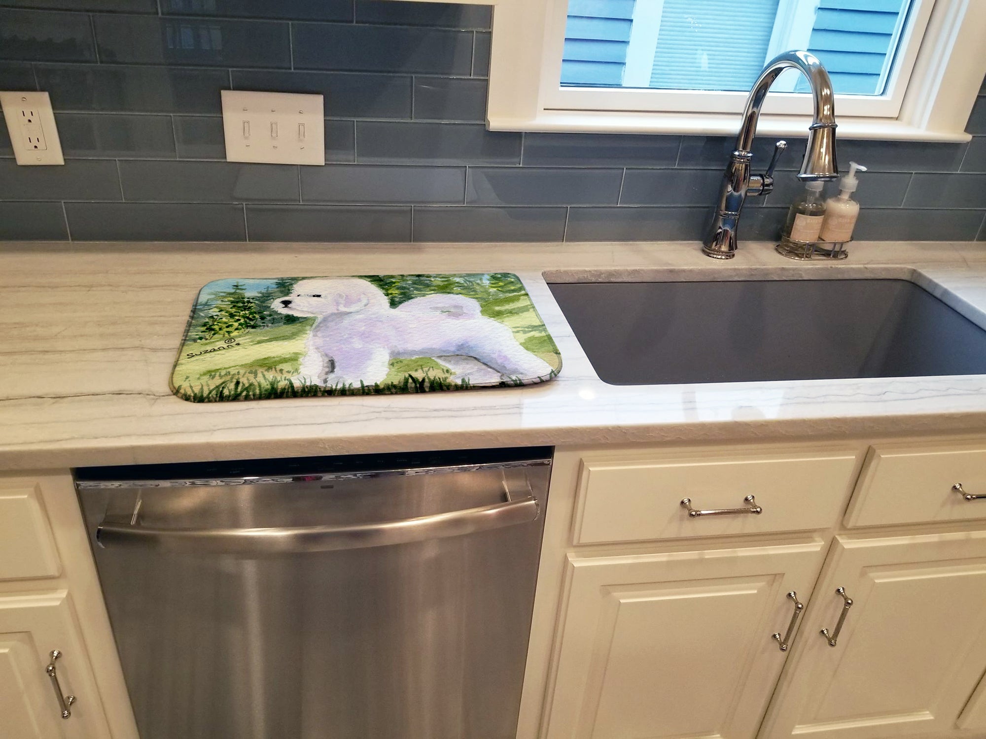 Bichon Frise Dish Drying Mat Absorbent Dish Drying Mat Pad for Kitchen Counter Dish Drainer Mat for Countertop, 14 x 21", Multicolor