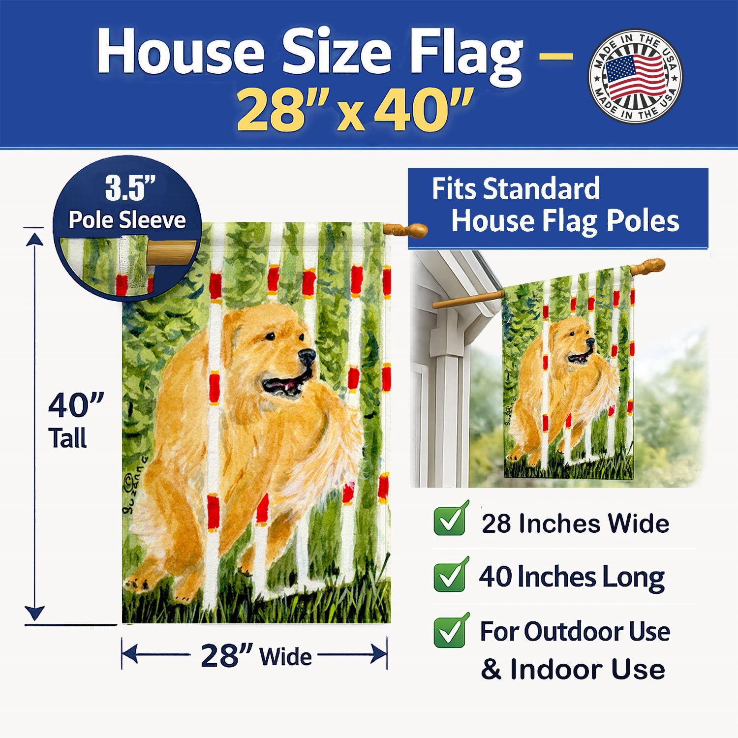 Golden Retriever House Flag 28x40 Porch Sleeve Pole Decorative Outside Yard Banner Artwork Wall Hanging, Polyester