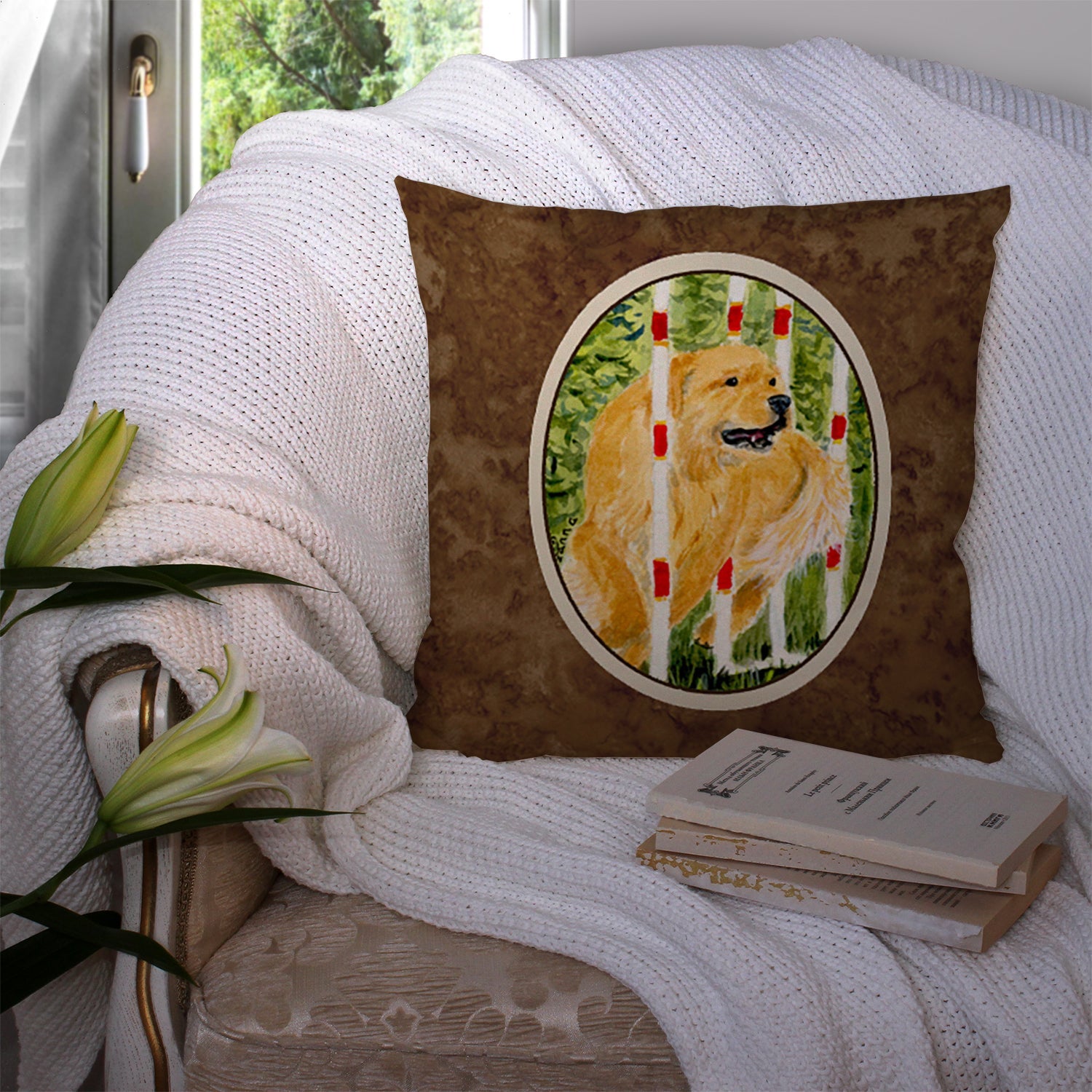Golden Retriever Decorative Throw Pillow 14x14 Indoor Outdoor Accent Cushion, Fabric Cover with Insert for Sofa, Bed, Porch & Living Room