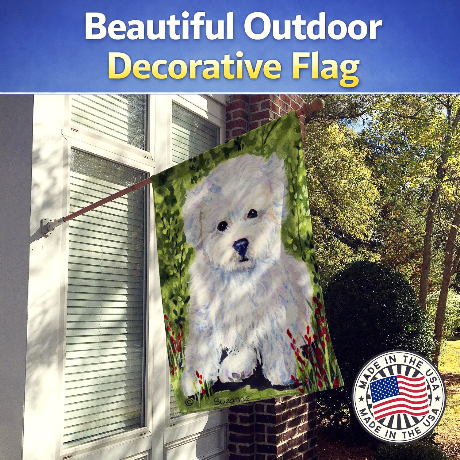 Bichon Frise House Flag 28x40 Porch Sleeve Pole Decorative Outside Yard Banner Artwork Wall Hanging, Polyester