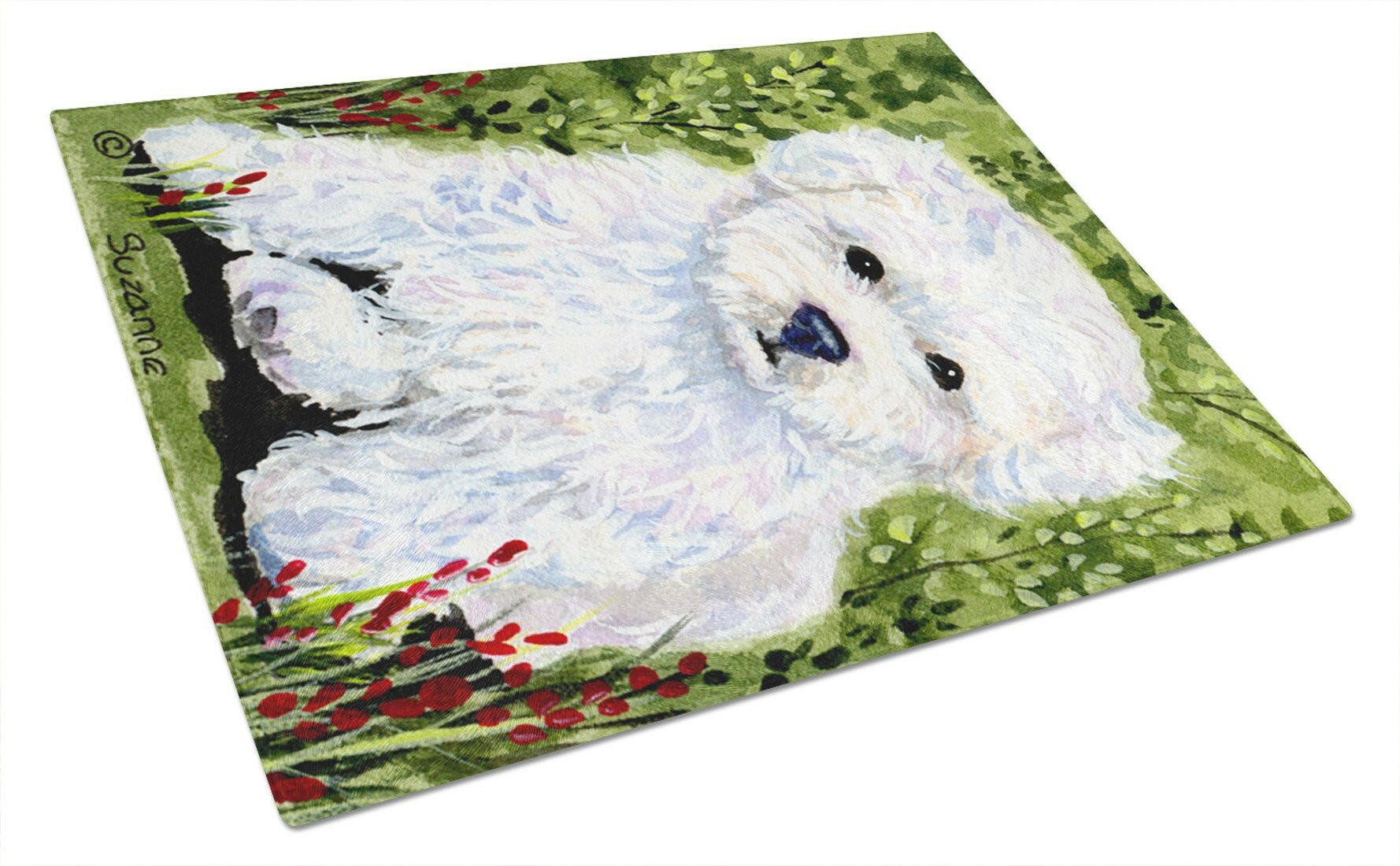 Bichon Frise Cutting Board Tempered Glass Kitchen Cutting Surface, Heat Resistant Chopping, Non-Slip Feet, Food Prep & Serving
