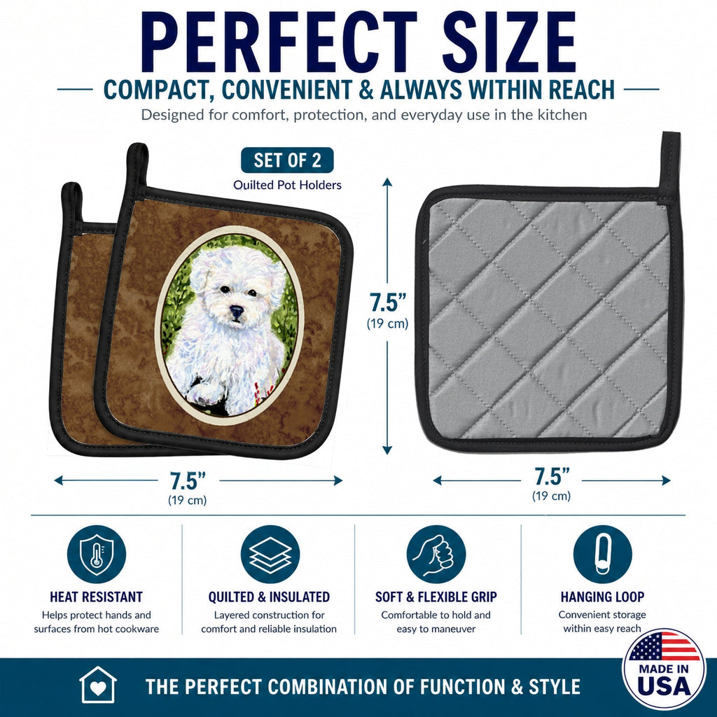 Bichon Frise Pot Holder Set of 2 Heat Resistant Quilted Hot Pads 7.5 x 7.5 Inch, Insulated Kitchen Trivets for Cooking & Baking
