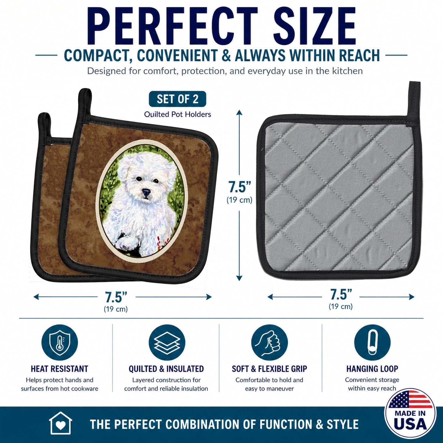 Bichon Frise Pot Holder Set of 2 Heat Resistant Quilted Hot Pads 7.5 x 7.5 Inch, Insulated Kitchen Trivets for Cooking & Baking