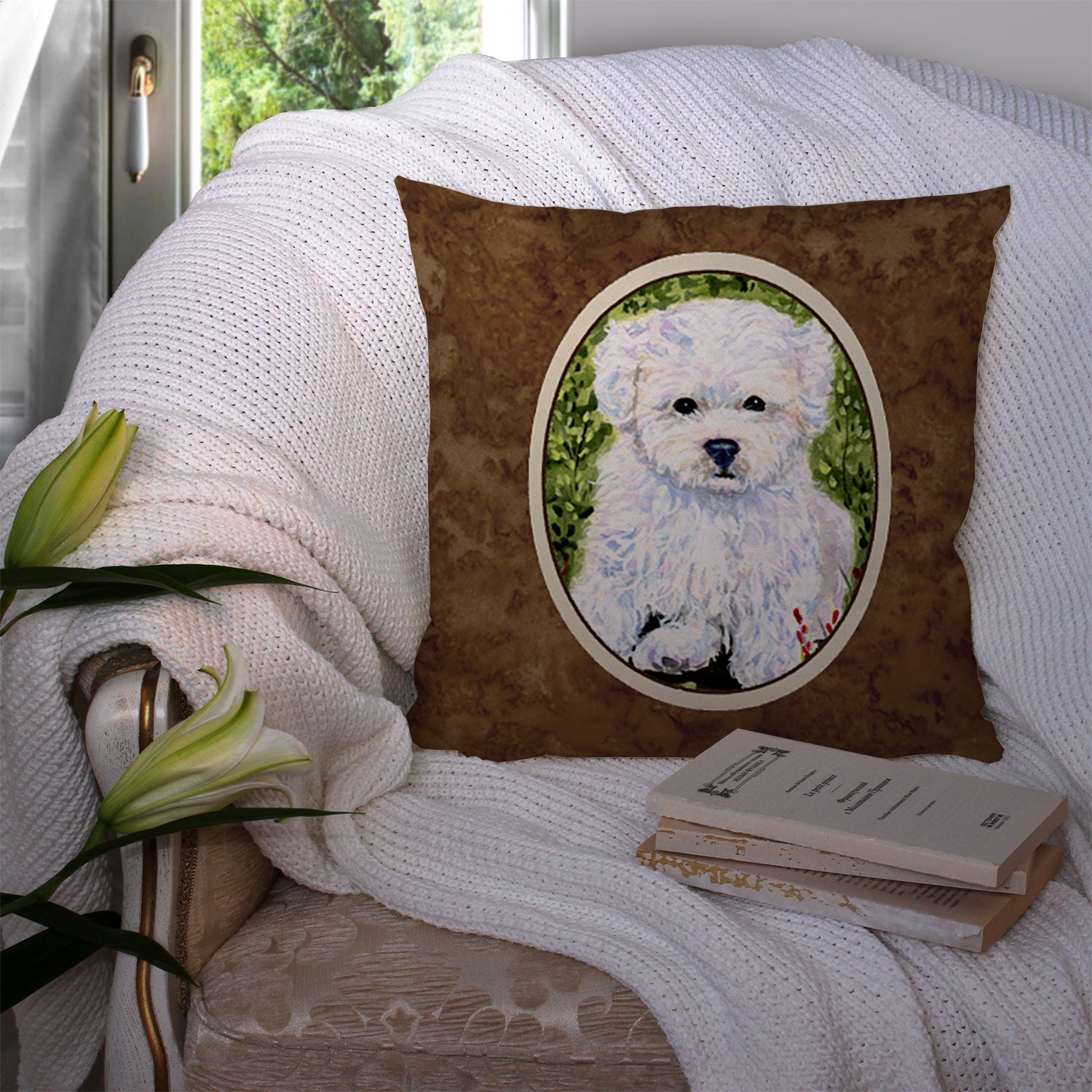 Bichon Frise Decorative Throw Pillow 14x14 Indoor Outdoor Accent Cushion, Fabric Cover with Insert for Sofa, Bed, Porch & Living Room