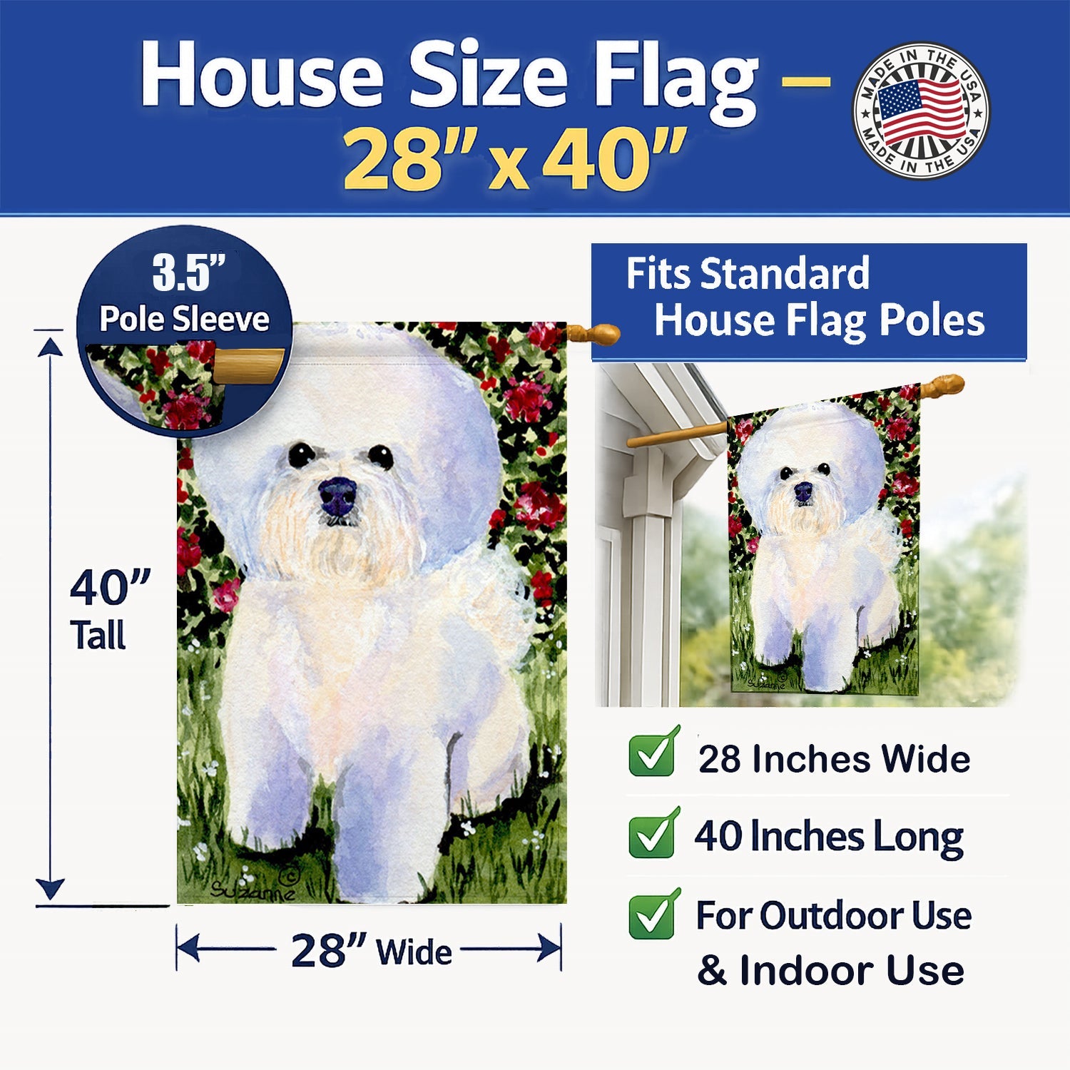 Bichon Frise House Flag 28x40 Porch Sleeve Pole Decorative Outside Yard Banner Artwork Wall Hanging, Polyester