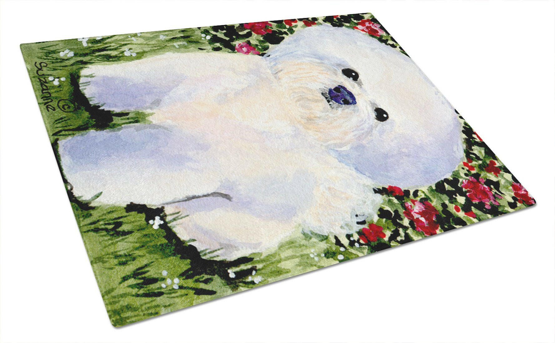 Bichon Frise Cutting Board Tempered Glass Kitchen Cutting Surface, Heat Resistant Chopping, Non-Slip Feet, Food Prep & Serving