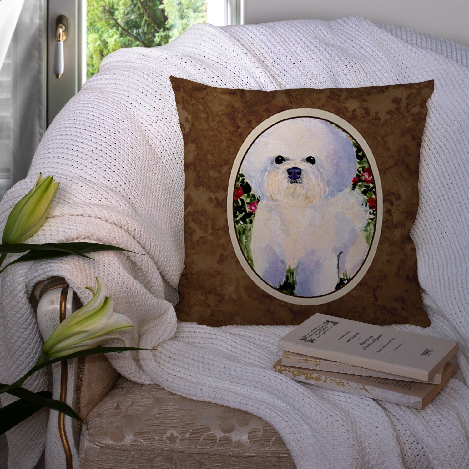 Bichon Frise Decorative Throw Pillow 14x14 Indoor Outdoor Accent Cushion, Fabric Cover with Insert for Sofa, Bed, Porch & Living Room