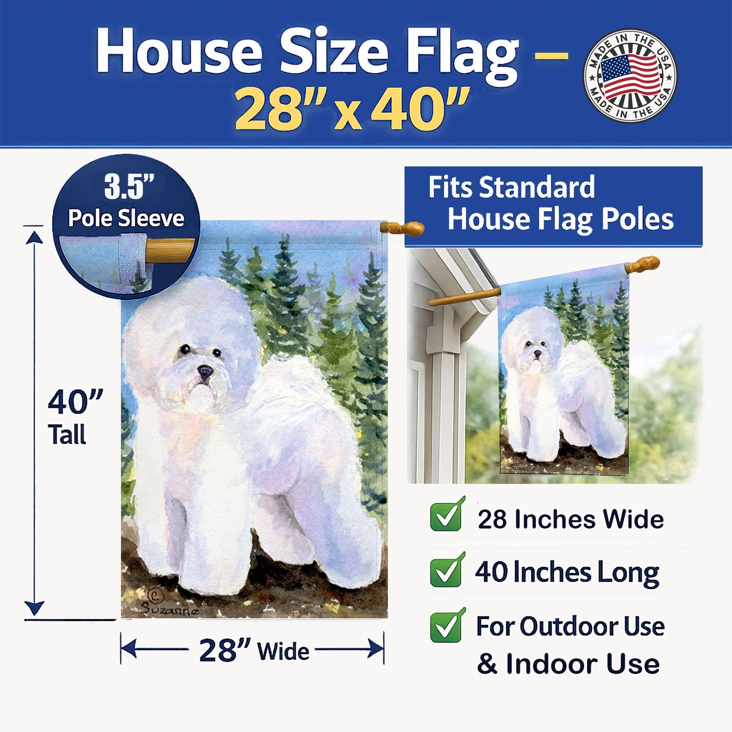 Bichon Frise House Flag 28x40 Porch Sleeve Pole Decorative Outside Yard Banner Artwork Wall Hanging, Polyester
