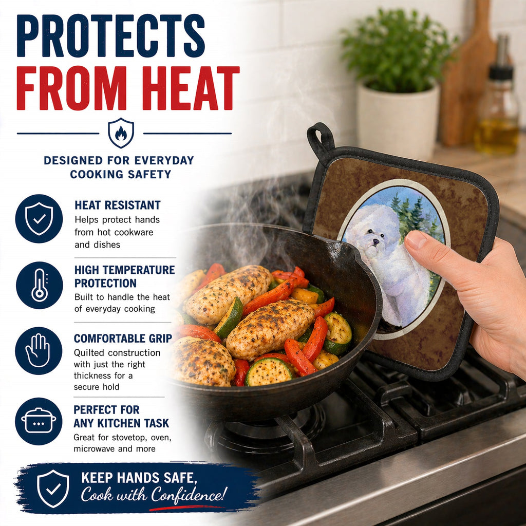 Bichon Frise Pot Holder Set of 2 Heat Resistant Quilted Hot Pads 7.5 x 7.5 Inch, Insulated Kitchen Trivets for Cooking & Baking