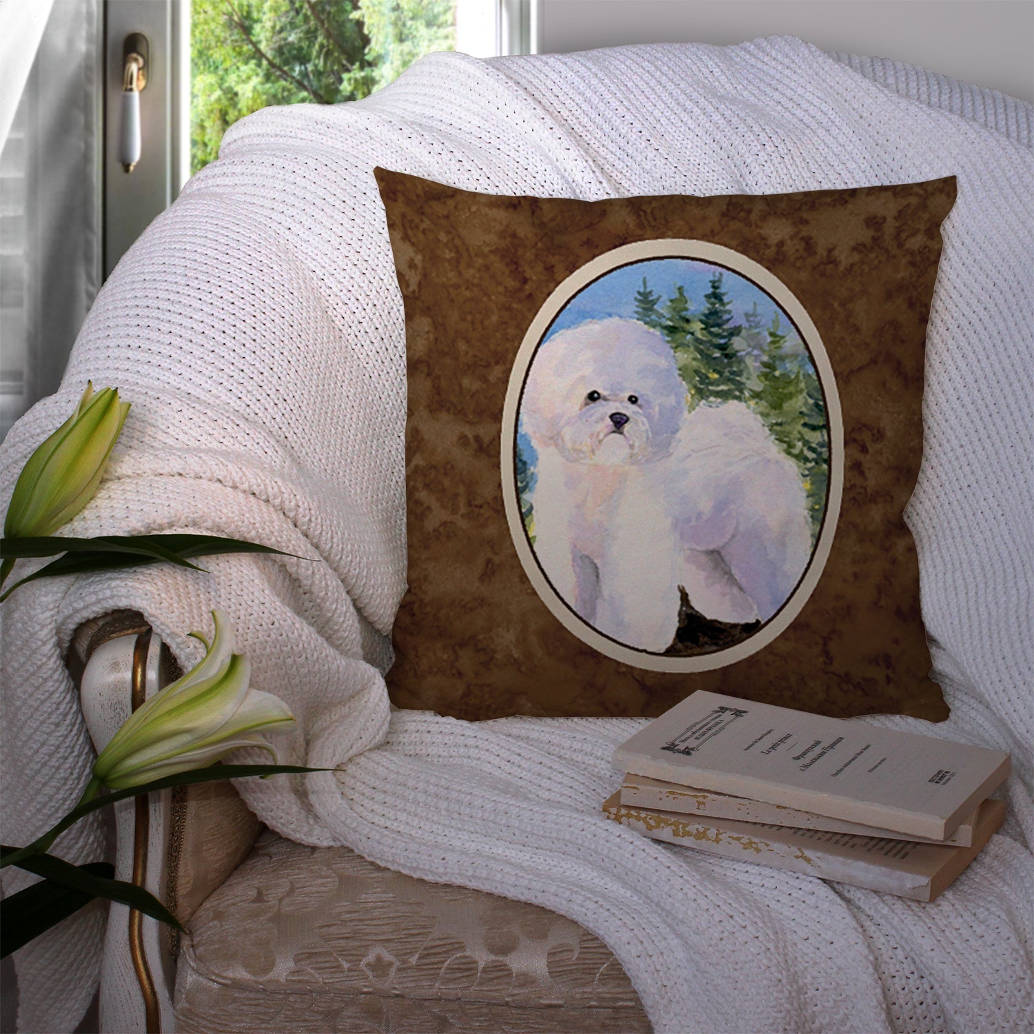 Bichon Frise Decorative Throw Pillow 14x14 Indoor Outdoor Accent Cushion, Fabric Cover with Insert for Sofa, Bed, Porch & Living Room