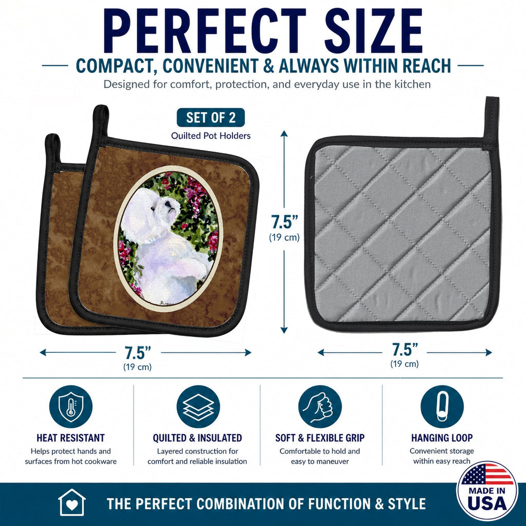 Bichon Frise Pot Holder Set of 2 Heat Resistant Quilted Hot Pads 7.5 x 7.5 Inch, Insulated Kitchen Trivets for Cooking & Baking