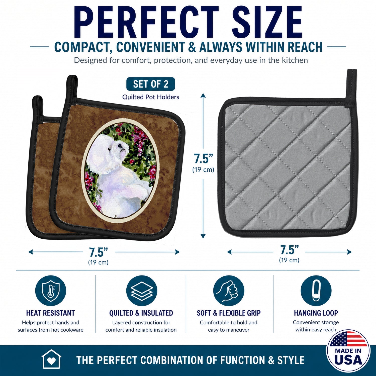 Bichon Frise Pot Holder Set of 2 Heat Resistant Quilted Hot Pads 7.5 x 7.5 Inch, Insulated Kitchen Trivets for Cooking & Baking