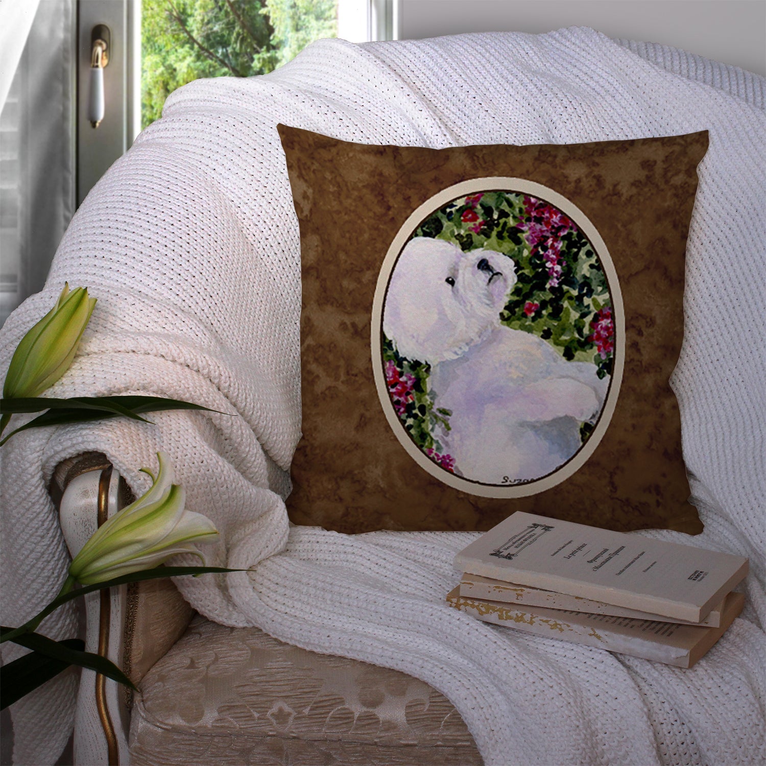 Bichon Frise Decorative Throw Pillow 14x14 Indoor Outdoor Accent Cushion, Fabric Cover with Insert for Sofa, Bed, Porch & Living Room