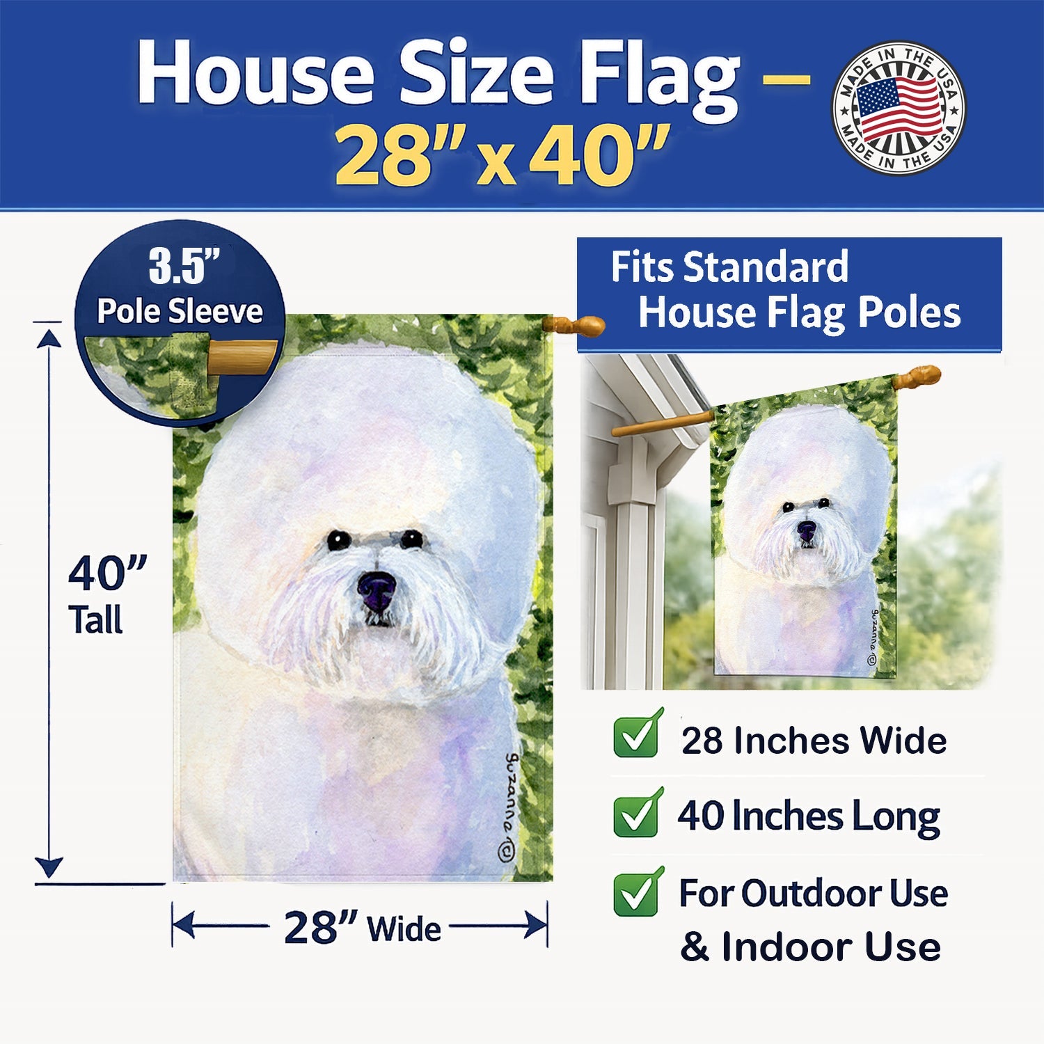 Bichon Frise House Flag 28x40 Porch Sleeve Pole Decorative Outside Yard Banner Artwork Wall Hanging, Polyester