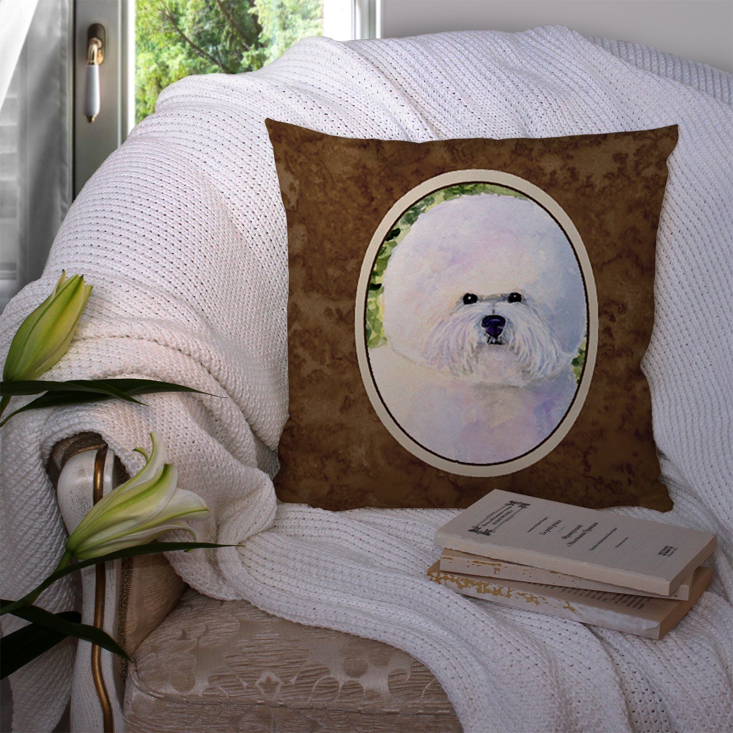 Bichon Frise Decorative Throw Pillow 14x14 Indoor Outdoor Accent Cushion, Fabric Cover with Insert for Sofa, Bed, Porch & Living Room