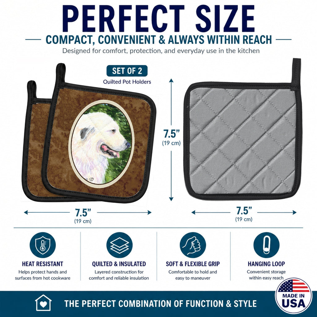 Great Pyrenees Pot Holder Set of 2 Heat Resistant Quilted Hot Pads 7.5 x 7.5 Inch, Insulated Kitchen Trivets for Cooking & Baking