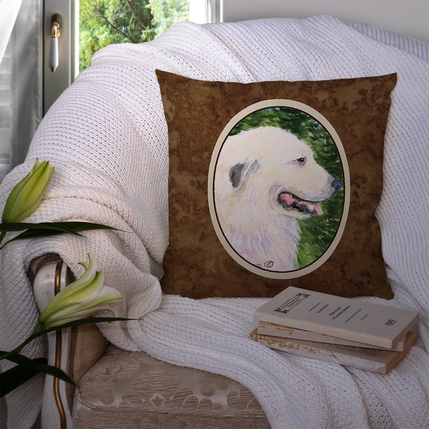 Great Pyrenees Decorative Throw Pillow 14x14 Indoor Outdoor Accent Cushion, Fabric Cover with Insert for Sofa, Bed, Porch & Living Room