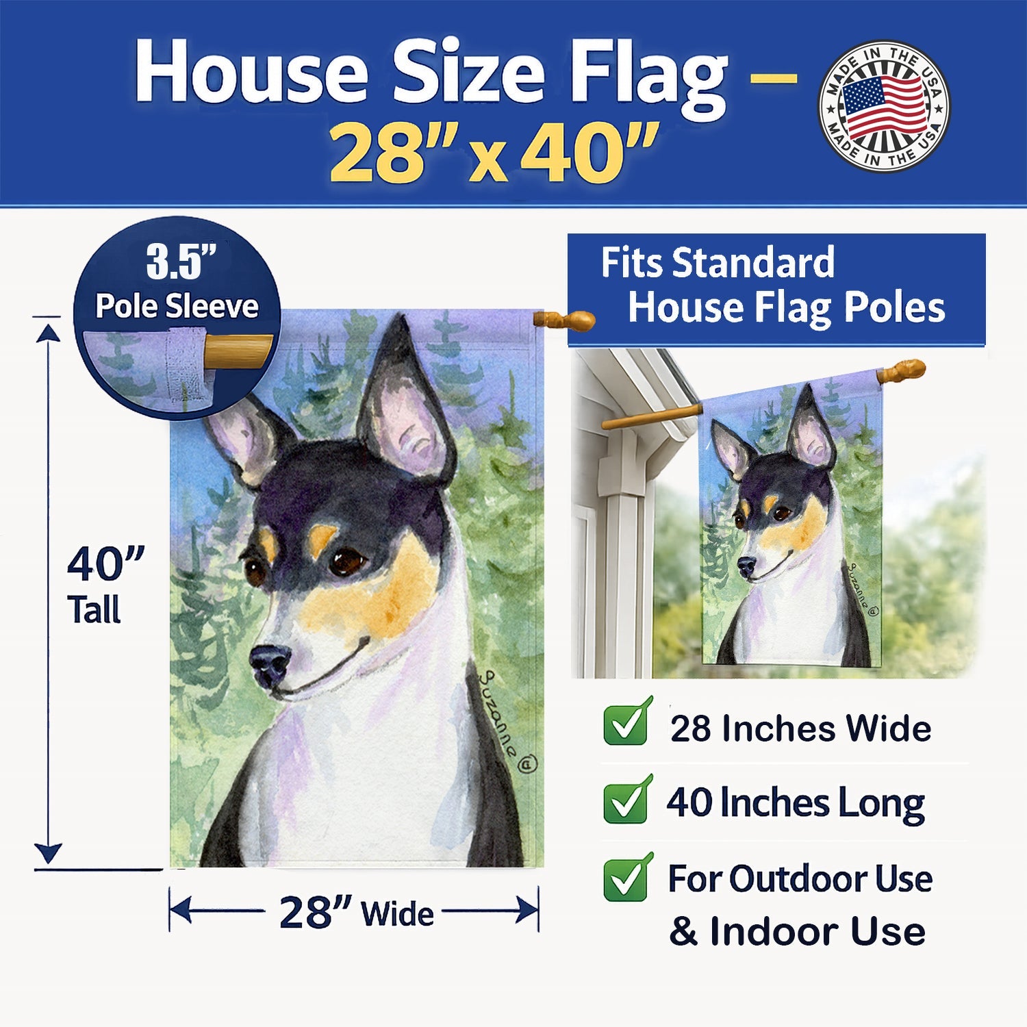 Rat Terrier House Flag 28x40 Porch Sleeve Pole Decorative Outside Yard Banner Artwork Wall Hanging, Polyester