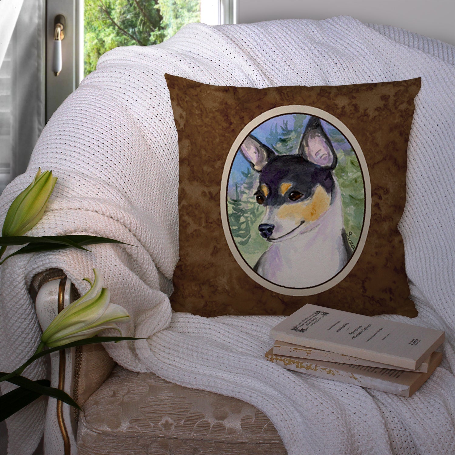 Rat Terrier Decorative Throw Pillow 14x14 Indoor Outdoor Accent Cushion, Fabric Cover with Insert for Sofa, Bed, Porch & Living Room