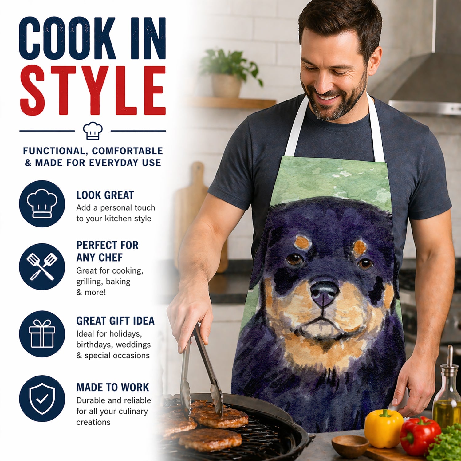 Rottweiler Apron Cooking Kitchen Server Baking Crafts Gardening for Adult Women Men, Unisex, Large, Multicolor