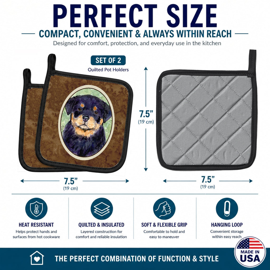 Rottweiler Pot Holder Set of 2 Heat Resistant Quilted Hot Pads 7.5 x 7.5 Inch, Insulated Kitchen Trivets for Cooking & Baking