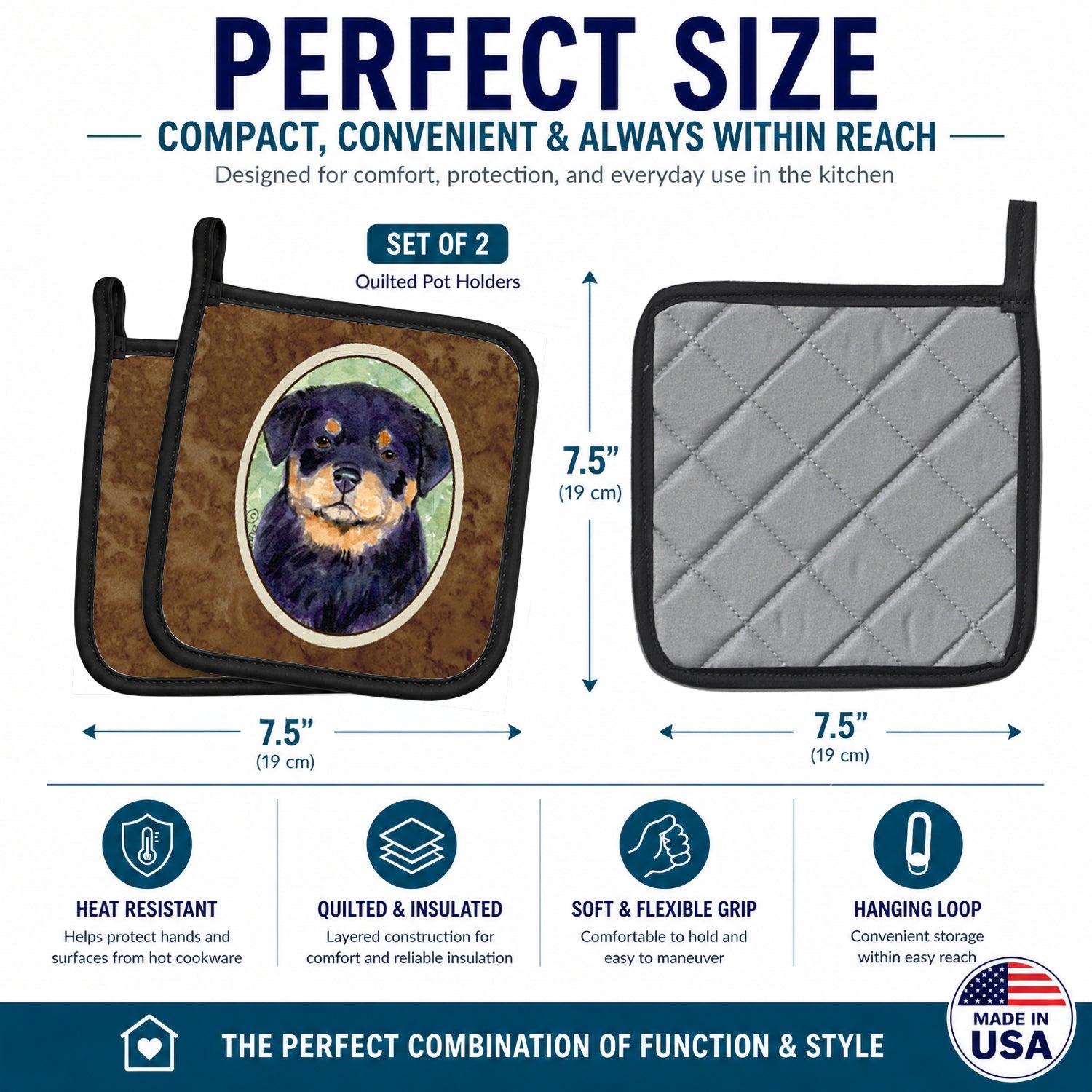 Rottweiler Pot Holder Set of 2 Heat Resistant Quilted Hot Pads 7.5 x 7.5 Inch, Insulated Kitchen Trivets for Cooking & Baking