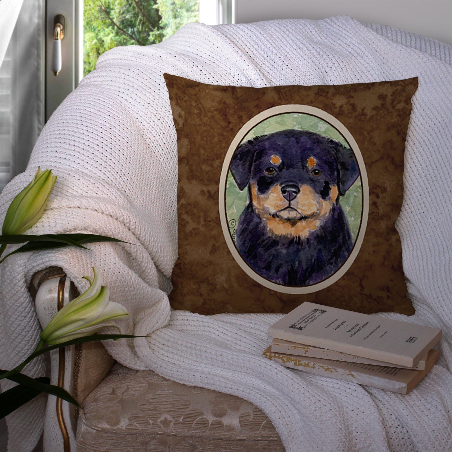 Rottweiler Decorative Throw Pillow 14x14 Indoor Outdoor Accent Cushion, Fabric Cover with Insert for Sofa, Bed, Porch & Living Room