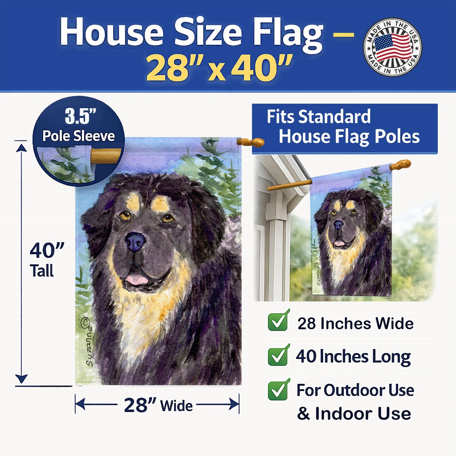 Tibetan Mastiff House Flag 28x40 Porch Sleeve Pole Decorative Outside Yard Banner Artwork Wall Hanging, Polyester
