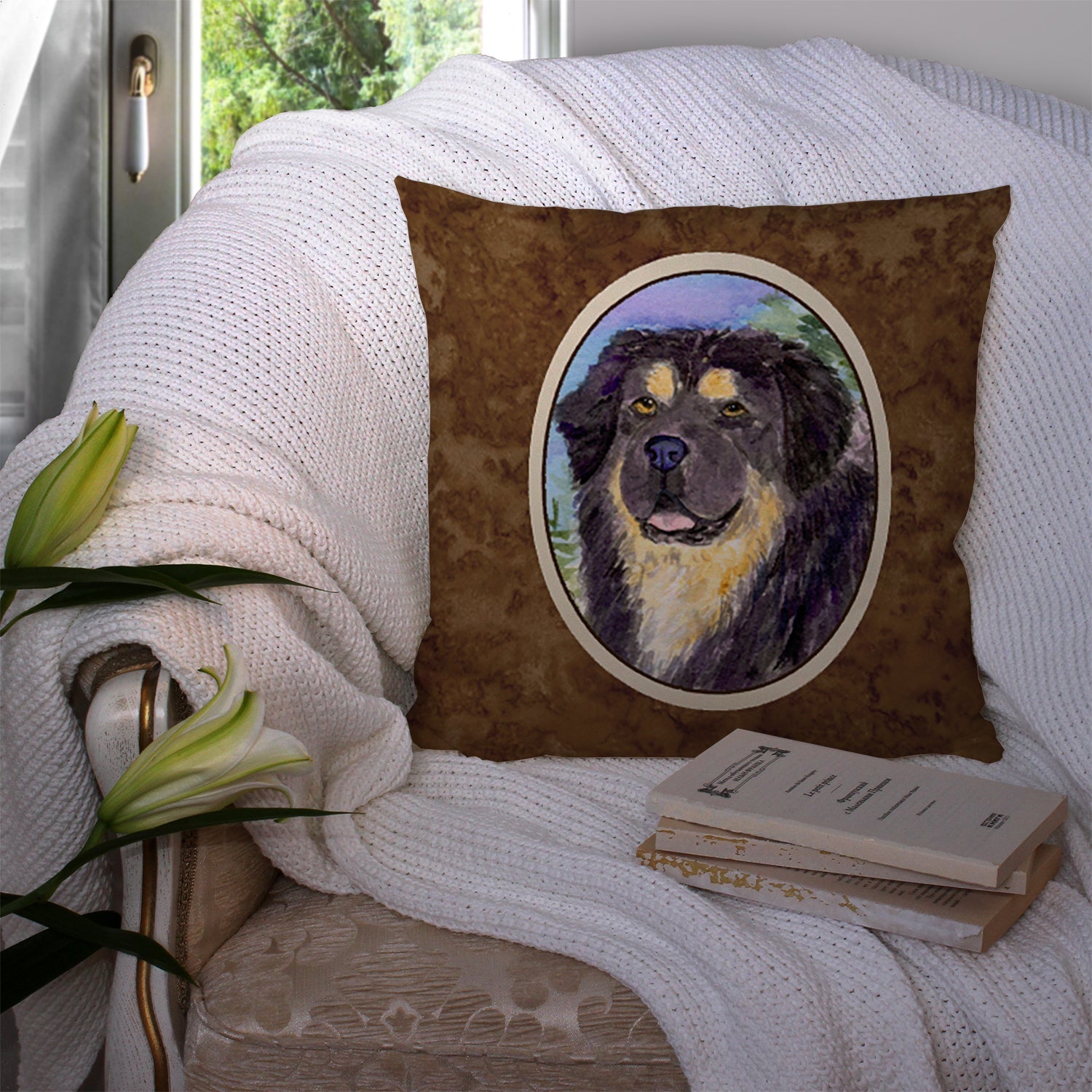 Tibetan Mastiff Decorative Throw Pillow 14x14 Indoor Outdoor Accent Cushion, Fabric Cover with Insert for Sofa, Bed, Porch & Living Room