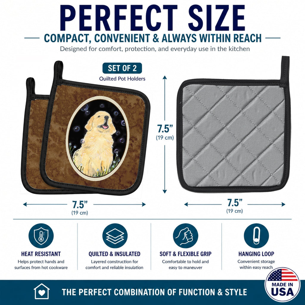 Golden Retriever Pot Holder Set of 2 Heat Resistant Quilted Hot Pads 7.5 x 7.5 Inch, Insulated Kitchen Trivets for Cooking & Baking