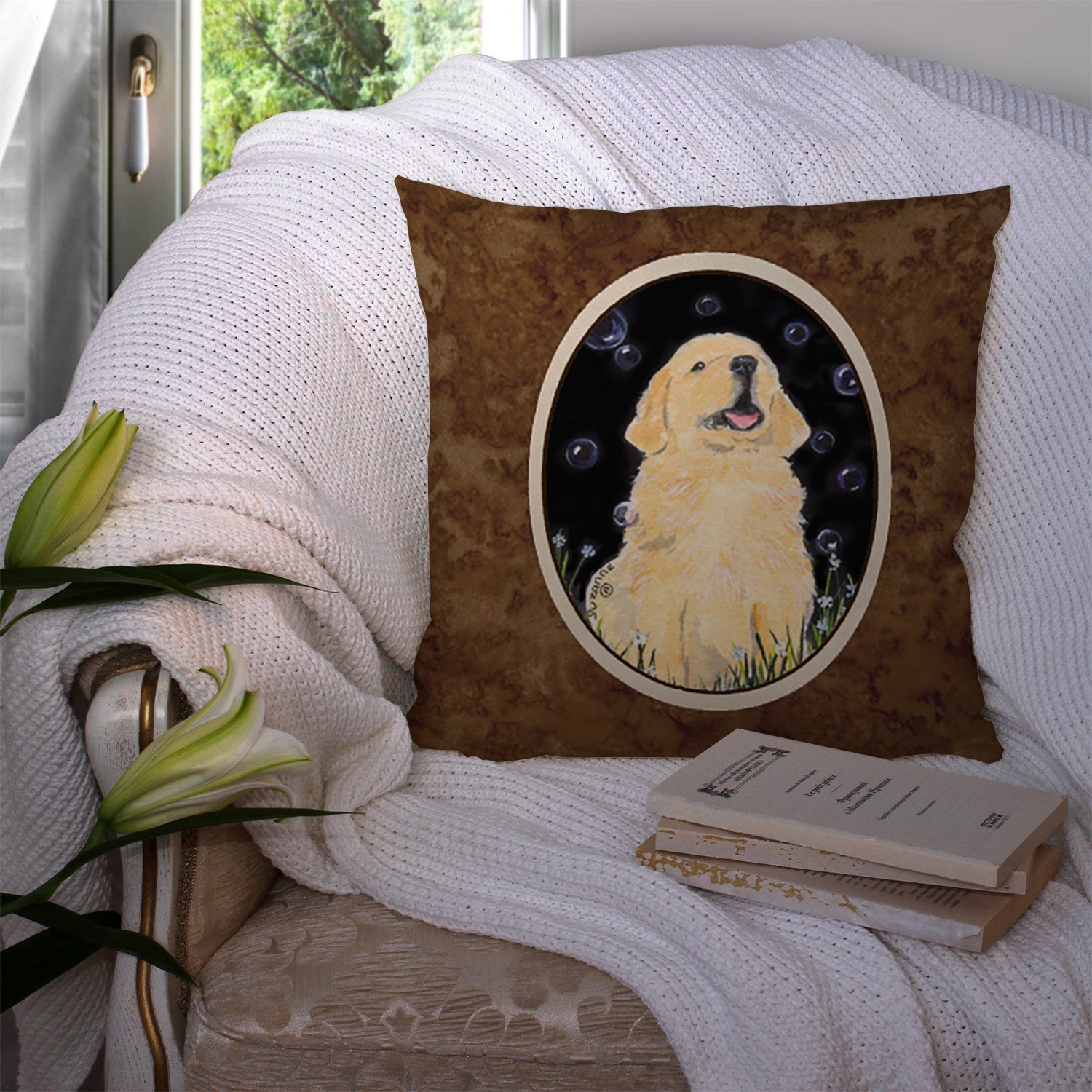 Golden Retriever Decorative Throw Pillow 14x14 Indoor Outdoor Accent Cushion, Fabric Cover with Insert for Sofa, Bed, Porch & Living Room