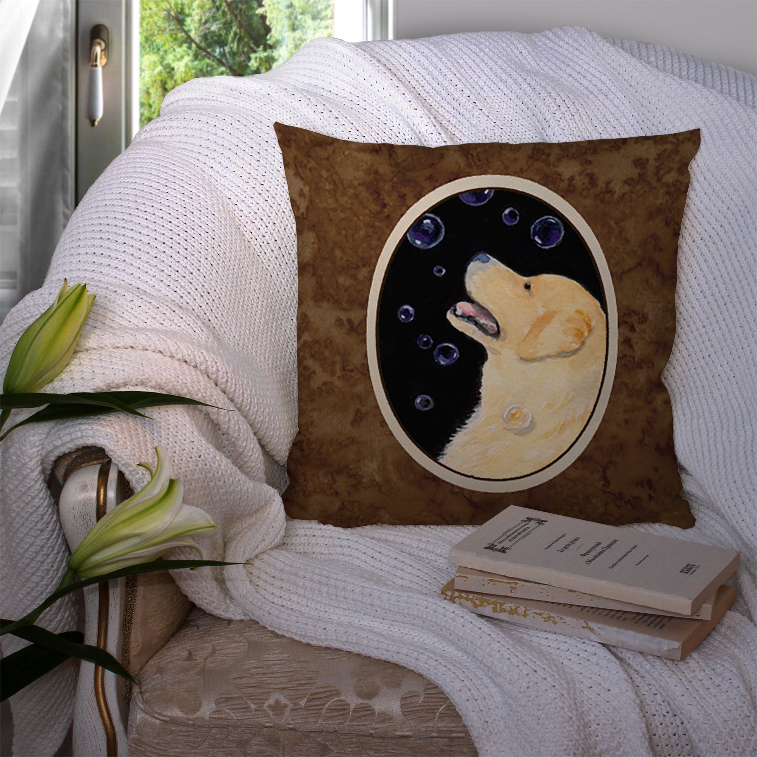 Golden Retriever Decorative Throw Pillow 14x14 Indoor Outdoor Accent Cushion, Fabric Cover with Insert for Sofa, Bed, Porch & Living Room