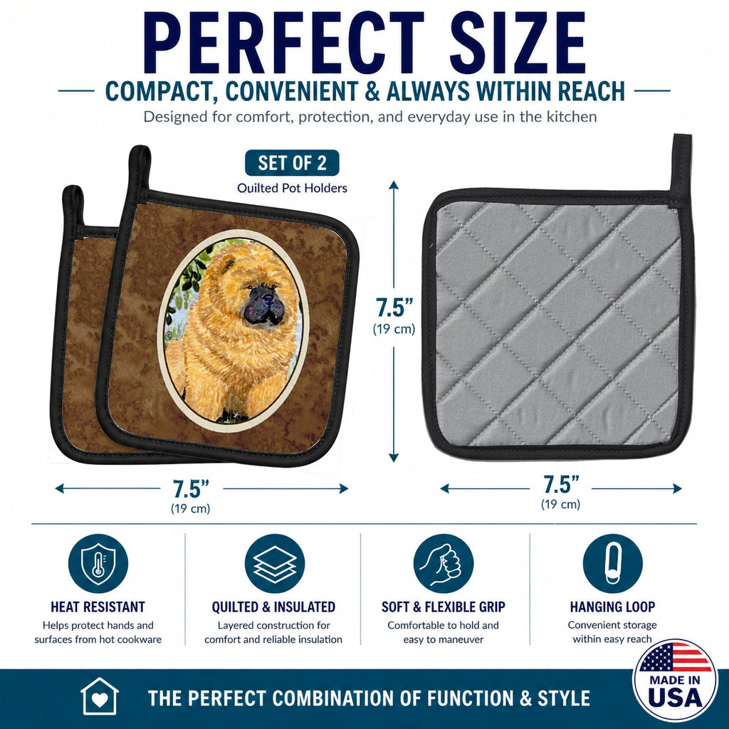 Chow Chow Pot Holder Set of 2 Heat Resistant Quilted Hot Pads 7.5 x 7.5 Inch, Insulated Kitchen Trivets for Cooking & Baking